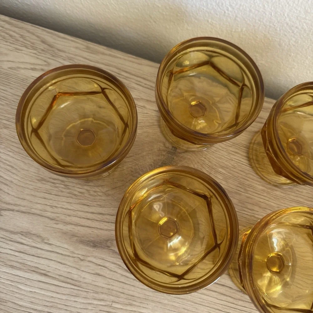 6 Anchor Hocking Fairfield Amber Low Sherbet Set Vintage Honey Gold Stemware Lot